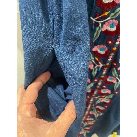 GO SOFTLY PATIO COTTON DENIM DRESS WOMENS LARGE FLORAL EMBROIDED SIZE S POCKETS - Picture 8 of 9